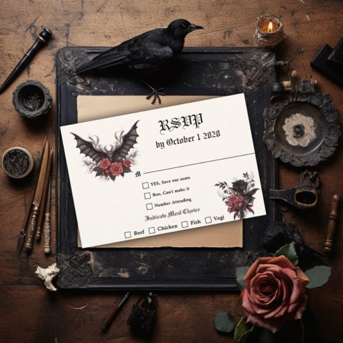 Modern Goth Bat and Rosewood RSVP Card