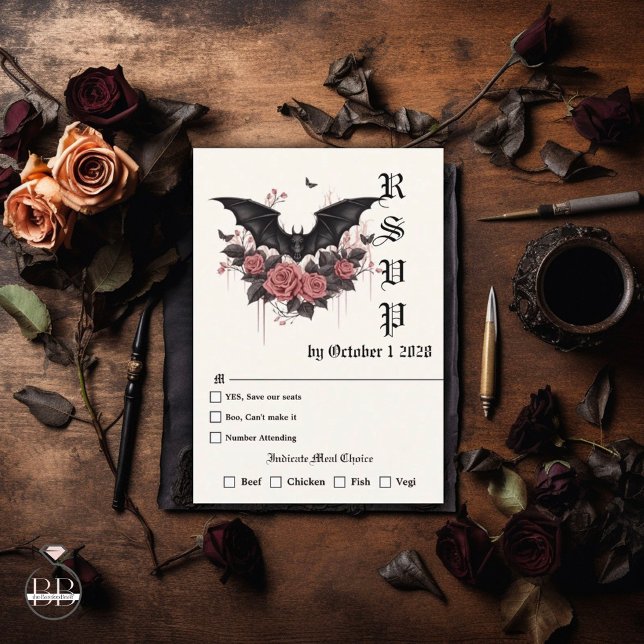 Modern Goth Bat and Rosewood  RSVP Card (Creator Uploaded)