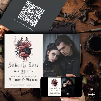 Modern Goth Black and WoodRose Photo Save The Date