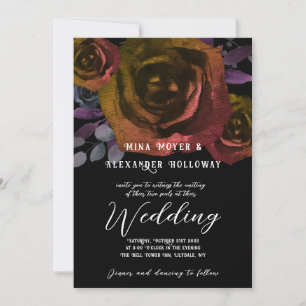 Modern Goth Dark Watercolor Roses Wedding Invitation