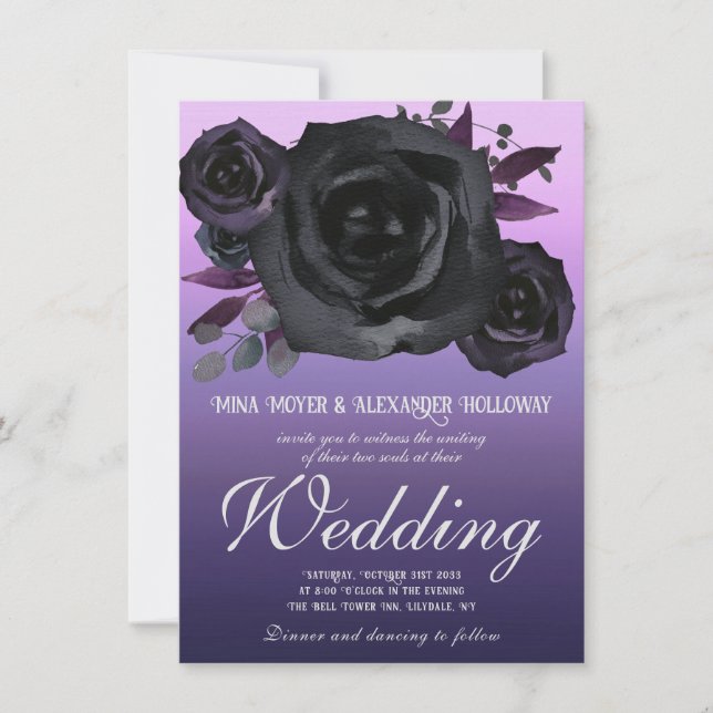 Modern Goth Purple Black Roses Photo Wedding  Invitation (Front)