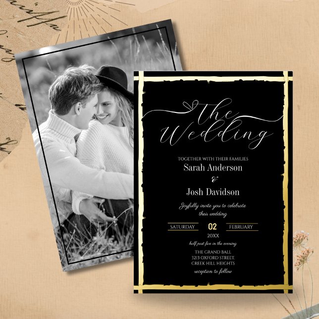 Modern Gothic Black Golden Photo Wedding Foil Invitation (Creator Uploaded)