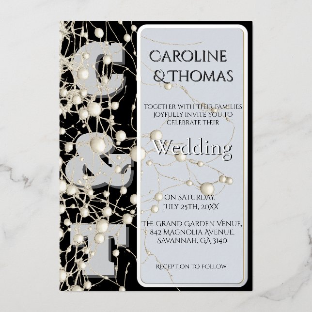 Modern Gothic Chic Pearl Gold Script Wedding  Foil Invitation (Front)
