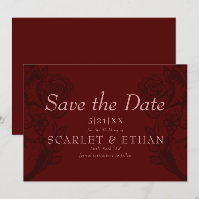 Modern Gothic Elegant Red Floral Heart Wedding Save The Date (Front/Back)