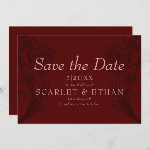 Modern Gothic Elegant Red Floral Heart Wedding Save The Date