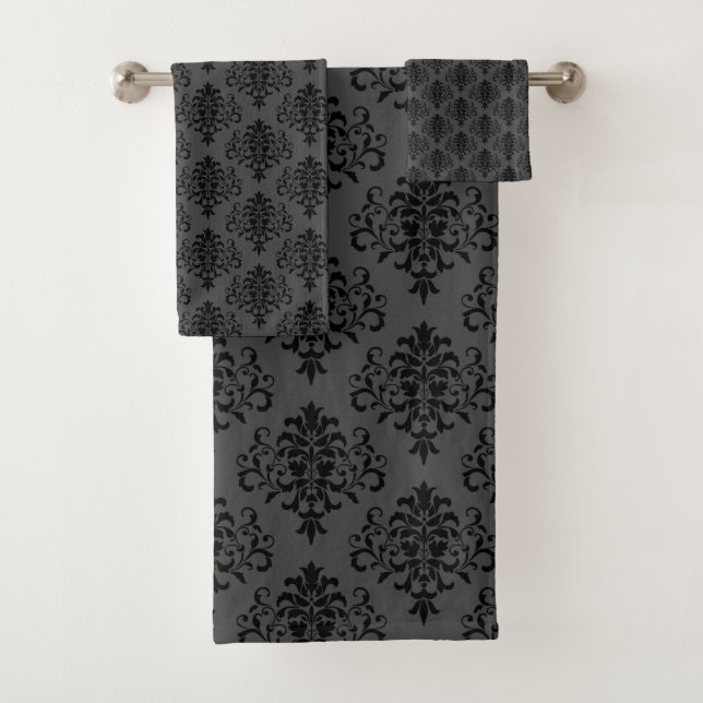 Modern Gothic Gray Black Damask Pattern Bath Towel Set (Insitu)