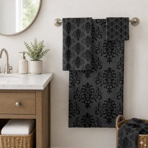 Modern Gothic Gray Black Damask Pattern Bath Towel Set