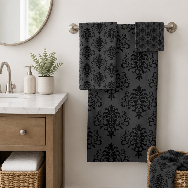 Modern Gothic Gray Black Damask Pattern Bath Towel Set (Creator Uploaded)