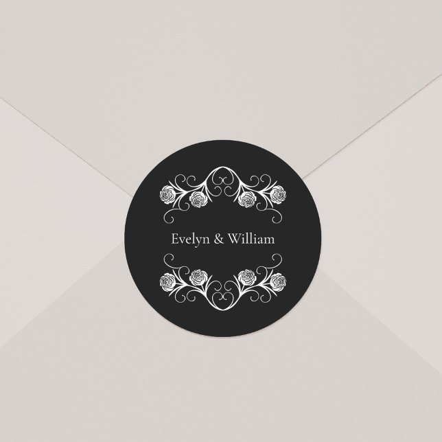 Modern Gothic Rose Swirls Black and White Wedding Classic Round Sticker (Creator Uploaded)