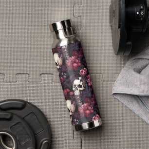 Modern Gothic Skull Pink Flower Pattern Water Bottle