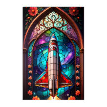 Modern Gothic Stained Glass Space Shuttle Art
