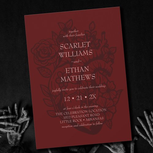 Modern Gothic Wedding Blood Red Eerie Floral Heart Invitation