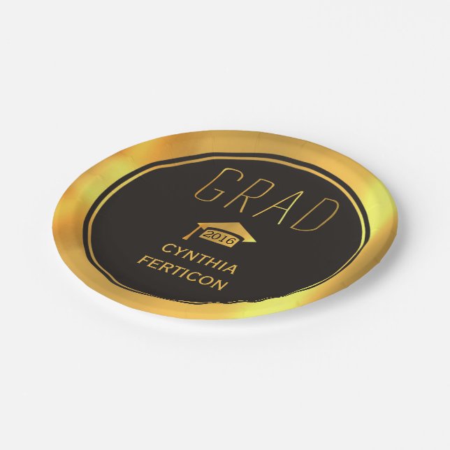 Modern Grad 2016 black, gold graduation cap Paper Plates (Angled)
