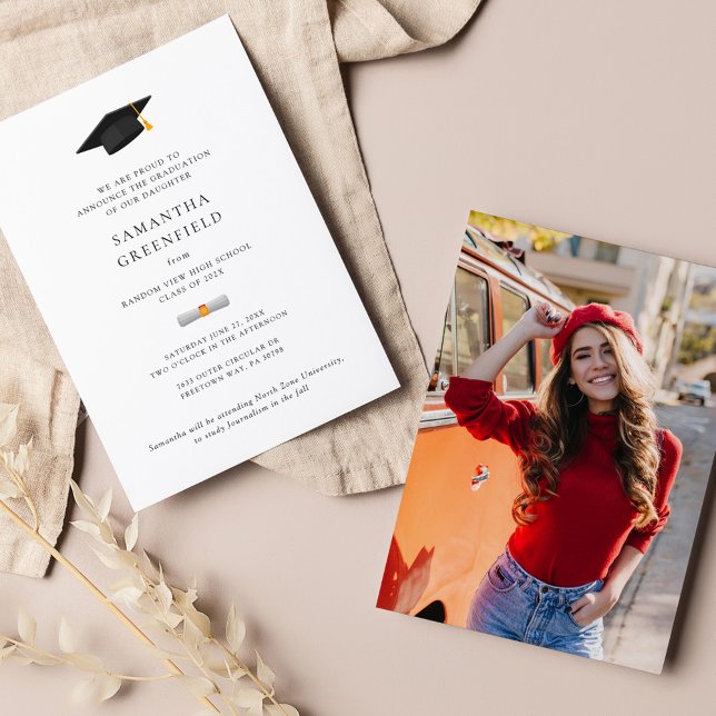 Modern Grad 2025 Photo Graduation Announcement (Elegant Graduation Cap Photo Modern Minimalist Announcement Raw)
