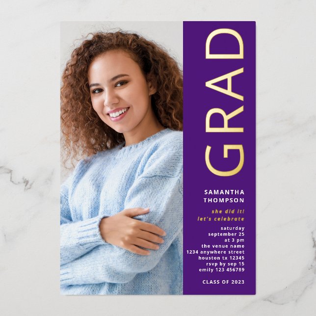 Modern Grad 2025 Photo Graduation Purple Gold Real Foil Invitation (Front)