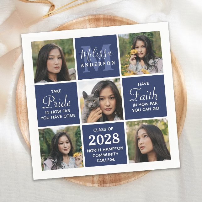 Modern Grad 5 Photo Collage Navy Blue Graduation Napkins (Creator Uploaded)