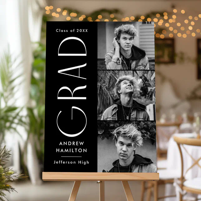 3d Grad Signs Modern Grad Black 3 Photo Graduation Party Sign | Zazzle
