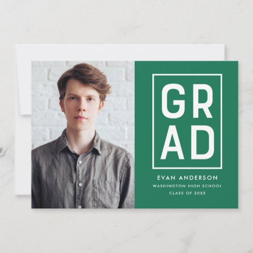 Modern Grad Block Green Photo Graduation Announcement