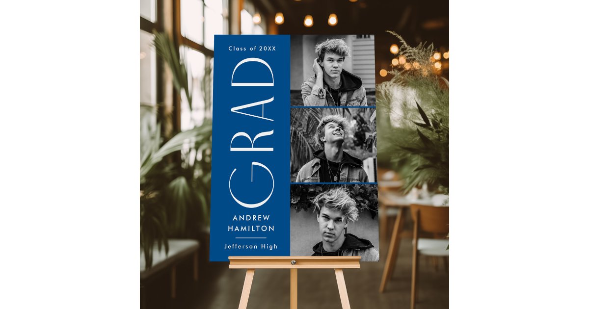 Modern Grad Blue 3 Photo Graduation Party Sign | Zazzle