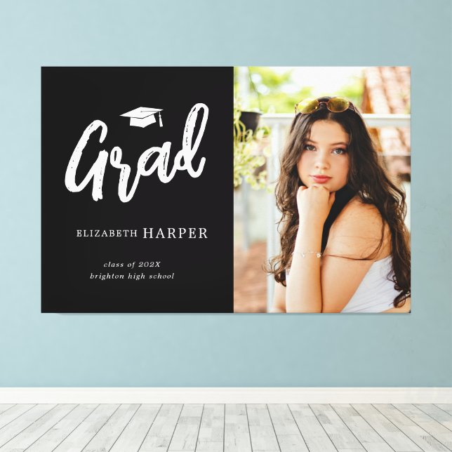 Modern Grad Brush Script Photo Graduation  Canvas Print (Insitu(Wood Floor))