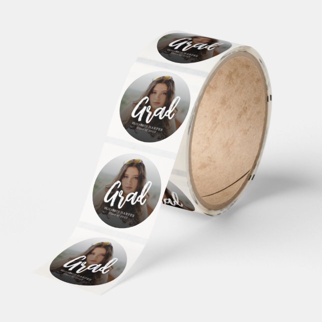 Modern Grad Brush Script Photo Graduation  Classic Round Sticker (Roll)