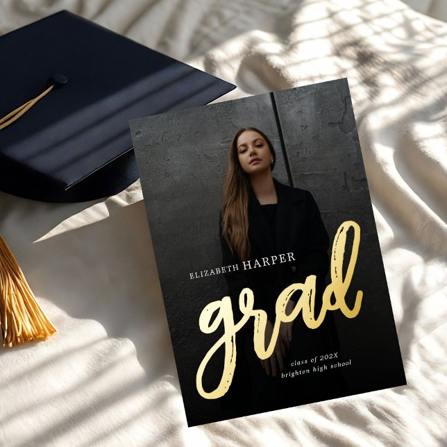Modern Grad Brush Script Photo Graduation Foil Invitation (Creator Uploaded)