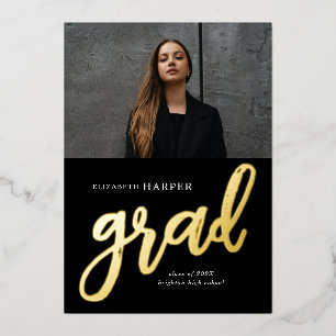Modern Grad Brush Script Photo Graduation Foil Invitation