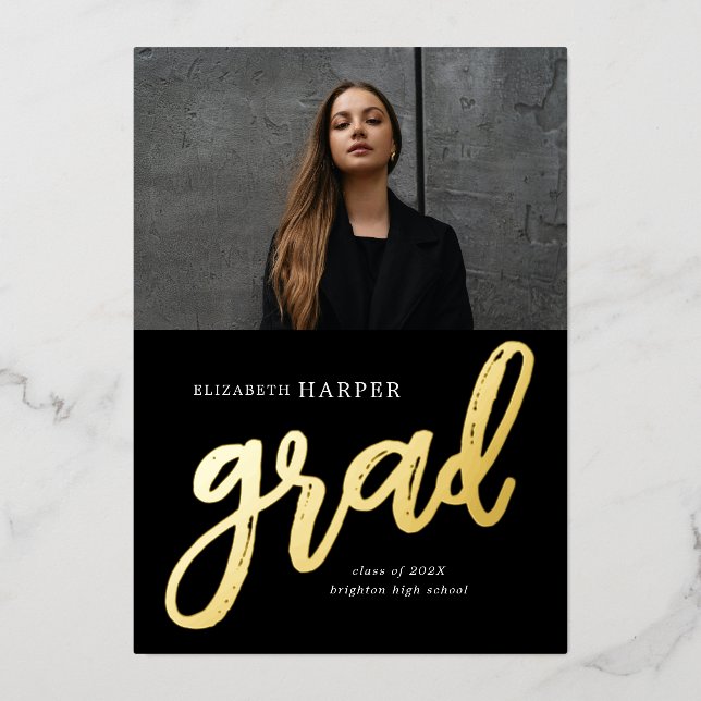 Modern Grad Brush Script Photo Graduation Foil Invitation (Front)