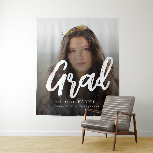 Modern Grad Brush Script Photo Graduation  Tapestry (In Situ)