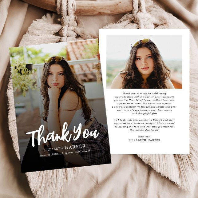 Modern Grad Brush Script Photo Graduation Thank You Card (Creator Uploaded)