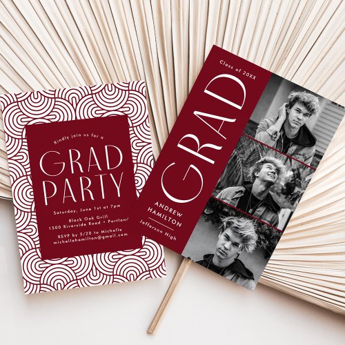 Modern Grad Burgundy 3 Photo Graduation Party Invitation