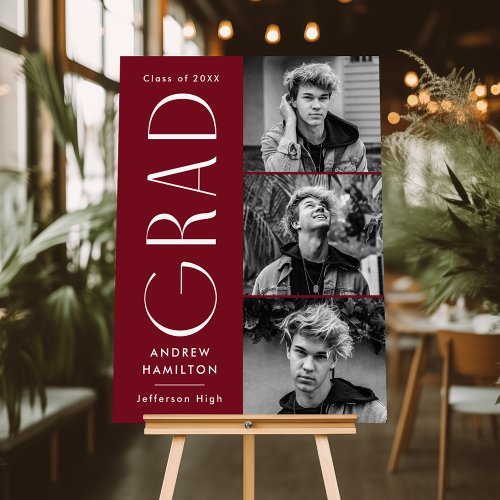 Modern Grad Burgundy 3 Photo Graduation Party Sign