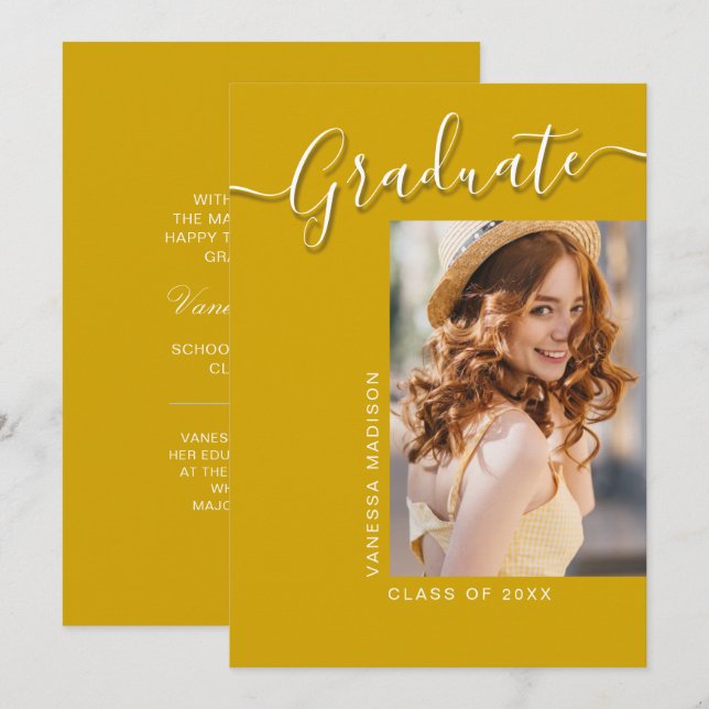 Modern Grad | Canary Yellow 1 Photo Elegant Script Announcement (Front/Back)