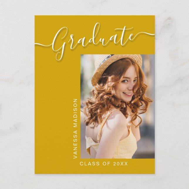 Modern Grad | Canary Yellow 1 Photo Elegant Script Postcard (Front)