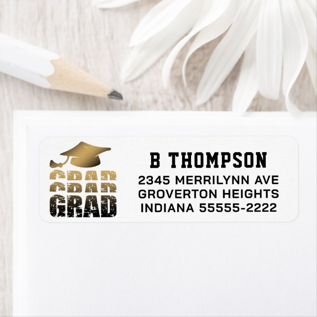 Modern GRAD Cap Gradient Black Gold Return Address Label (Insitu)