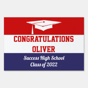 Modern Grad Cap Red, White Blue Graduation Sign