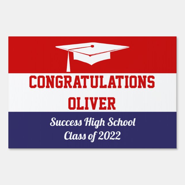 Modern Grad Cap Red, White Blue Graduation Sign (Front)