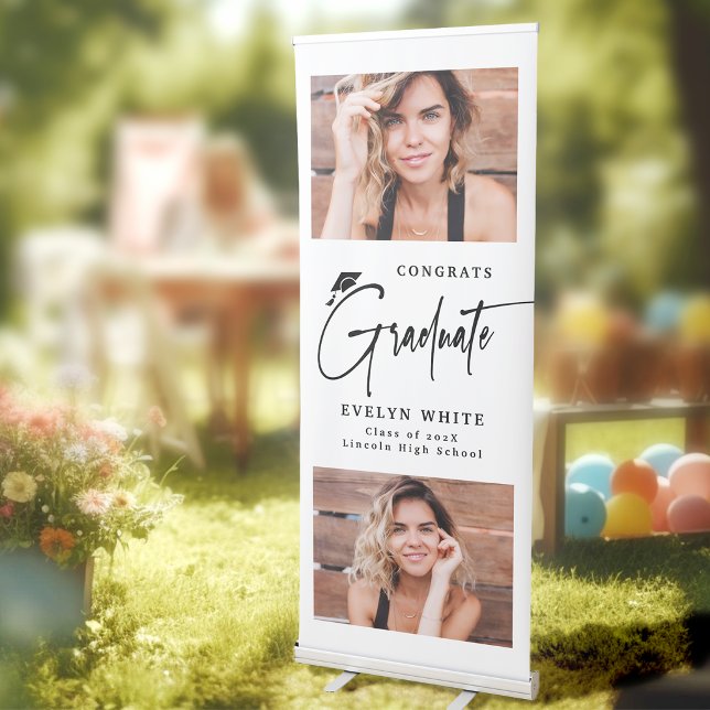 Modern Grad Cap Script 2 Photo Graduation Party Retractable Banner (Modern Grad Cap Script 2 Photo Graduation Party Retractable Banner)