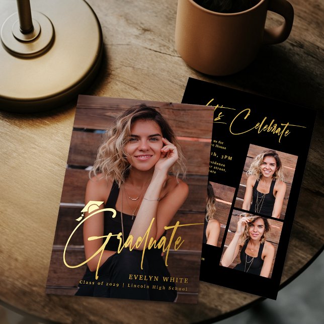 Modern Grad Cap Script 4 Photo Simple Graduation Foil Invitation (Modern Grad Cap Script 4 Photo Simple Graduation Foil Invitation)