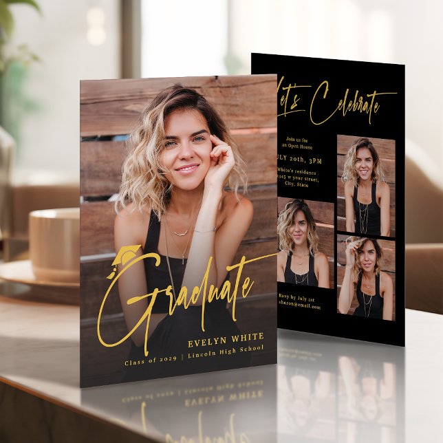 Modern Grad Cap Script Photo Simple Graduation Invitation (Modern Grad Cap Script 4 Photo Simple Graduation Invitation)