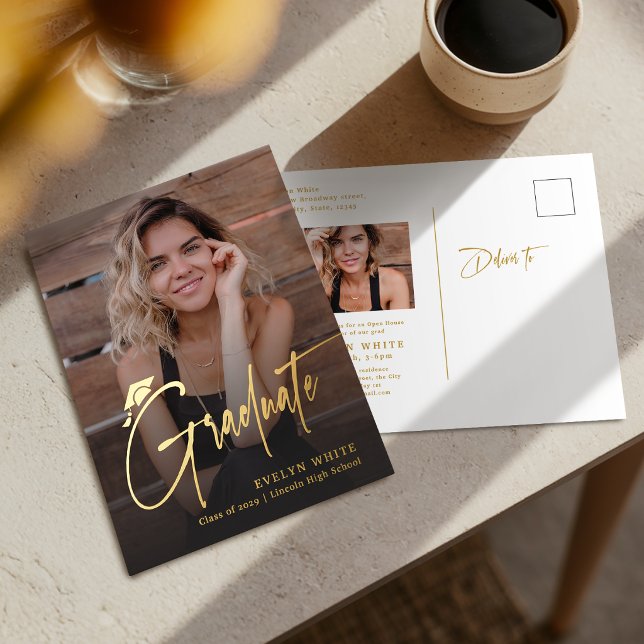 Modern Grad Cap Script Simple Photo Graduation Foil Holiday Postcard (Modern Grad Cap Script Simple Photo Graduation Foil Holiday Postcard)