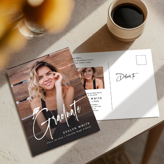 Modern Grad Cap Script Simple Photo Graduation Postcard (Modern Grad Cap Script Simple Photo Graduation Postcard)