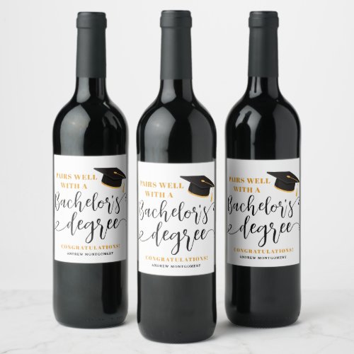 Modern Grad Cap Tassel Elegant Script Graduation Wine Label