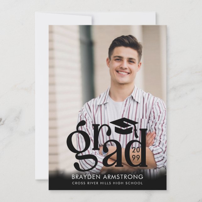 Modern GRAD Cap Typography 2 Photos Black Announcement (Front)