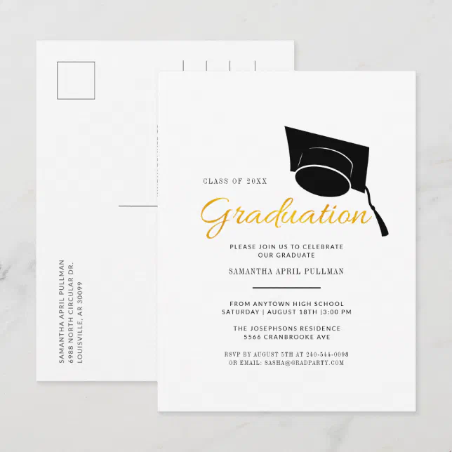 Modern Grad Cap Typography Graduation Party Invitation Postcard | Zazzle
