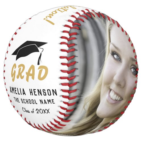 Modern Grad Congratulations Graduation Photo Softball - Modern Grad Congratulations Graduation Photo Softball. White background, black graduate cap and black and golden typography. This custom and personalized softball is a perfect gift for a graduate. Personalize it with your photo, graduate name, school name and the year number. You can change any text on the softball.