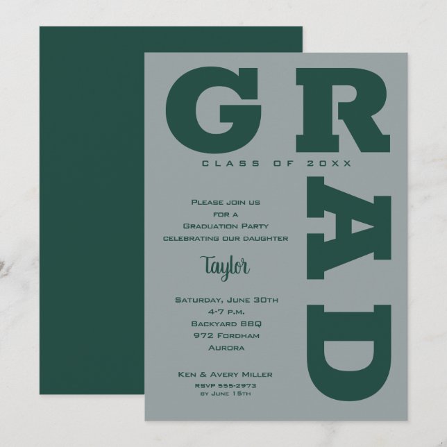 Modern GRAD Dark Green Gray Graduation Invitation (Front/Back)