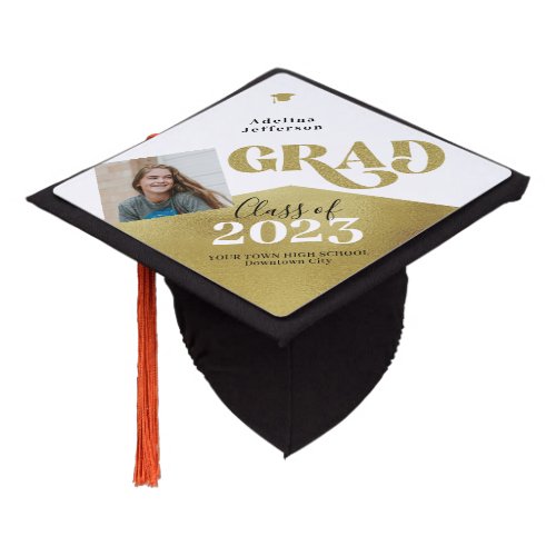 Modern grad gold glitter photo school year graduat graduation cap topper