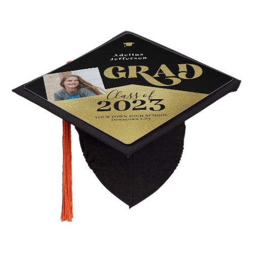 Modern grad gold glitter photo school year graduation cap topper