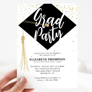 Modern GRAD Hat Cap Black Gold Graduation Party Invitation